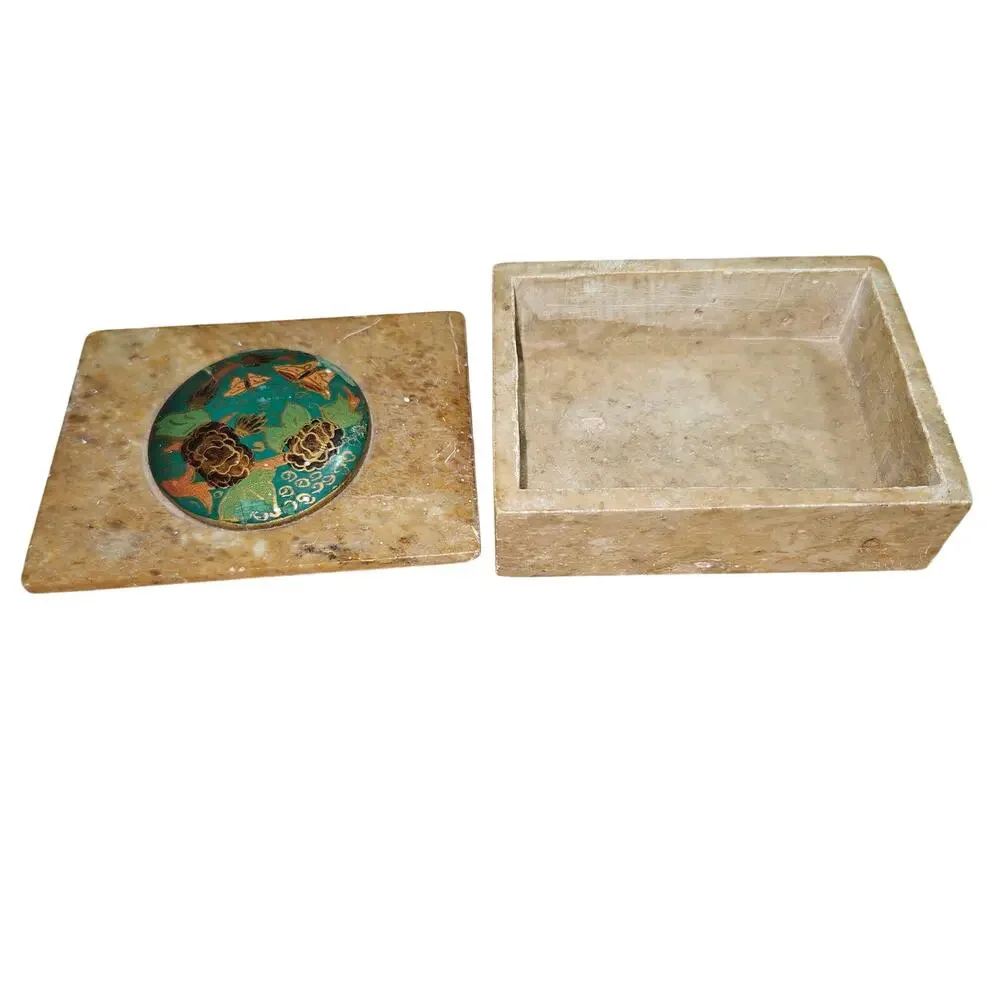 Vintage Indian Marble Trinket Box Enamel Painted Floral Inlay Stone Jewelry Box